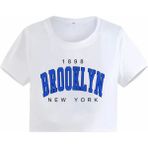 Kids Face Özel Tasarım Brooklyn Renkli Motto Baskılı %100 Pamuk Sokak Modası Kız Çocuk Crop T-Shırt - 4 Yaş - Beyaz - Mavi