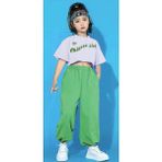 Kids Face Özel Tasarım Chinese Girl Baskılı %100 Pamuk Kısa Kollu Yazlık Sokak Stili Hip Hop Kız Çocuk Crop Eşofman Takımı - Beyaz - Yeşil - 7 Yaş
