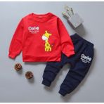 Kids Face Özel Tasarım Cute Zürafa Baskılı 3 Iplik Şardonlu Pamuk Erkek Çocuk Eşofman Takımı - Kırmızı - Lacivert - 7 Yaş