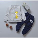 Kids Face Özel Tasarım Cute Zürafa Baskılı 3 Iplik Şardonlu Pamuk Kışlık Erkek Çocuk Eşofman Takımı - Gri - Lacivert - 3 Yaş