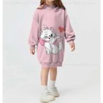 Kids Face Özel Tasarım Kapüşonlu Beyaz Kedicik Baskılı Şardonlu Kışlık Kız Çocuk Hoodie Elbise - 4 Yaş - Pembe