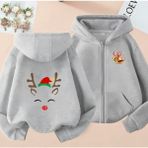 Kids Face Özel Tasarım Kapüşonlu Fermuarlı Mutlu Yılbaşı Geyiği Baskılı Kız Çocuk Sweatshırt - Gri - 9 Yaş