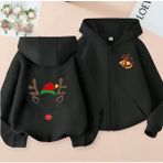 Kids Face Özel Tasarım Kapüşonlu Fermuarlı Mutlu Yılbaşı Geyiği Baskılı Kız Çocuk Sweatshırt - Siyah - 7 Yaş