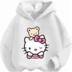 Kids Face Özel Tasarım Kapüşonlu Hello Kitty ve Ayıcığı Baskılı Şardonlu Kışlık Kız Çocuk Sweatshirt - Beyaz - 17 Yaş