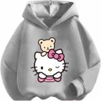 Kids Face Özel Tasarım Kapüşonlu Hello Kitty ve Ayıcığı Baskılı Şardonlu Kışlık Kız Çocuk Sweatshirt - Gri - 8 Yaş