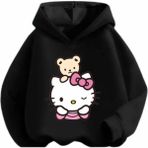 KİDS FACE Özel Tasarım Kapüşonlu Hello Kitty ve Ayıcığı Baskılı Şardonlu Kışlık Oversize Kız Çocuk Sweatshırt - Siyah - 3XL