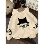 Kids Face Özel Tasarım Kapüşonlu Judging You Kedi Baskılı %100 Pamuk Oversize Kız Çocuk Sweatshırt - Ekru - 14 Yaş
