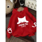 Kids Face Özel Tasarım Kapüşonlu Judging You Kedi Baskılı %100 Pamuk Oversize Kız Çocuk Sweatshırt - Kırmızı - 13 Yaş