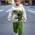Kids Face Özel Tasarım Kapüşonlu Küçük Dizanor Baskılı Şardonlu Kışlık Erkek Çocuk Eşofman Takımı - Beyaz - Yeşıl - 12 Yaş