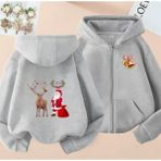 Kids Face Özel Tasarım Kapüşonlu Tam Fermuarlı Noel Baba Geyik Yılbaşı Baskılı Kız Çocuk Sweatshırt - Gri - 8 Yaş