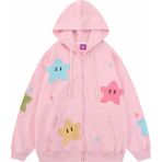 Kids Face Özel Tasarım Kapüşonlu Tam Fermuarlı Renkli Yıldızlar Baskılı Kışlık Kız Çocuk Sweatshırt - Pembe - 15 Yaş