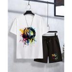 Kids Face Özel Tasarım Kulaklık Baskılı Erkek Çocuk Yazlık T-Shirt Şort Takım - Beyaz - Siyah - 13 Yaş