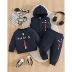 Kids Face Özel Tasarım Paris Dikey Şerit Baskılı %100 Pamuk Kışlık Erkek Çocuk 3 Lü Eşofman Takımı - 12 Yaş - Lacivert