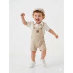 Kids Kingdom Pamuklu Şeritli Gömlekli Şapkalı Salopet Şortlu Tulum Erkek Bebek 3lü Takım - 1 - 1,5 Yaş - Bej