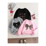 Kids KIZ ÇOCUK PEMBE SİYAH GRİ KURDELE BASKILI ÜÇLÜ SWEATSHİRT