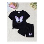 Kids Yazlık Alvays Yazılı Kelebek Baskılı Kız Çocuk Siyah Alt-Üst Şort T-Shirt Takım