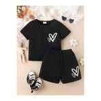 Kids Yazlık Büyük ve Küçük Beyaz Kalp Baskılı Kız Çocuk Siyah Alt-Üst Şort T-Shirt Takım