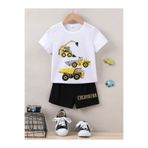 Kids Yazlık Excavator Baskılı Erkek Çocuk Siyah Şort, Beyaz T-Shirt Takım