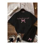 Kids Yazlık I'm Pembe Kurdele Baskılı Kız Çocuk Siyah Alt-Üst Şort T-Shirt Takım
