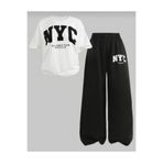 Kids Yazlık kız çocuk kumaş NYC baskılı Beyaz t-shirt bol paça Alt siyah takım