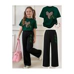 Kids Yazlık kız çocuk Yonca Kalp baskılı yeşil t-shirt Alt çimalı Siyah geniş paça pantolon