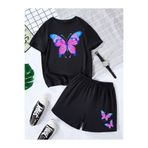 Kids Yazlık Pembe Mavi Kelebek Baskılı Kız Çocuk Siyah Alt-Üst Şort T-Shirt Takım
