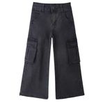 KIDSCOOL SPACE Büyük Kız Çocuk Kargo Kot, Kapak Cepli, Geniş Paça ve Yırtmaçlı Kenar Boyfriend Kot Pantolon, Siyah, 12