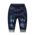 KIDSCOOL SPACE Kız Bebek Erkek Kot Pantolon,Küçük Çocuk Beli Lastikli Yırtık Kot Pantolon,Mavi,6-12 Ay