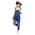 KIDSCOOL SPACE Kızlar Klasik Büyük Önlük Yırtık Delikli Kot Tulum Pantolon, Mavi, 6-7 Yaş