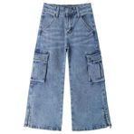 KIDSCOOL SPACE Küçük Kız Çocuk Kargo Kot, Kapaklı Cep, Geniş Paça ve Yırtmaçlı Kenar Boyfriend Kot Pantolon, Açık Mavi,6