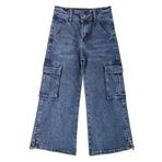 KIDSCOOL SPACE Küçük Kız Çocuk Kargo Kot, Kapaklı Cep, Geniş Paça ve Yırtmaçlı Kenar Boyfriend Kot Pantolon, Koyu Mavi,6