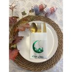 Kidspartim 12'li 40x40 cm Yeşil Yaldızlı Beyaz Arapça Ay Desenli Ramadan Mübarek Cepli Peçete