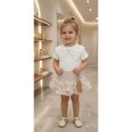 Kidzes Kız Bebek Kısa Kollu Merserize Bluz Müslin Etek 2'li Takım - Krem - Kahve - 18 - 24 Ay