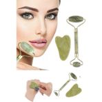 Kiesa 2'li Yeşim Taşı Roller ve Kalpli Gua Sha Taşı Cilt Bakım Seti, Doğal Yeşim Taşı Roller ve Gua Sha