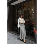 kikiriktekstil 10949 Kadın Kemer Detaylı Tam Kloş Midi Boy Kumaş Etek
