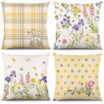 KIKISML 4 adet paskalya yastık kılıfı, pamuk keten baskılı paskalya kırlent kılıfı 45 x 45 cm, Paskalya yastık kılıfları, Happy Easter süs yastık kılıfı, koltuk yastığı, paskalya dekorasyonu (çiçekler