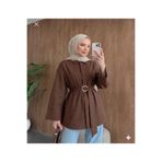 KILIF STORE dokuma kumaş uzun kuşaklı gömlek kadın toka detaylı rahat kesim şık tesettür kombin
