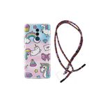 Kılıfland Huawei Mate 10 Pro ile Uyumlu Silikon Kılıf, Unicorn Desenli, Boyun Askılı, Rasta Renkli