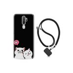 Kılıfland Oppo A5 A9 2020 ile Uyumlu Silikon Kılıf, İpli Boyun Askılı, Desenli Love Cats, Siyah