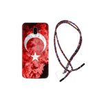 Kılıfland Samsung Galaxy J6 Plus ile Uyumlu Türk Bayrağı Desenli Silikon Kılıf, Rasta İpli Boyun Askılı, Kırmızı