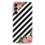 Kılıfland Samsung Galaxy M15 ile Uyumlu Kılıf, Desenli Silikon, Strip Flowers, Siyah Beyaz Çizgili, Pembe Çiçek