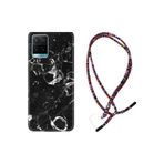 Kılıfland Vivo Y21s ile Uyumlu Kılıf, Rasta İpli Boyun Askılı, Desenli Silikon, Black Hole Marble, Siyah