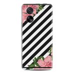 Kılıfland Xiaomi 13T ve Xiaomi 13T Pro ile Uyumlu Kılıf, Desenli Silikon, Strip Flowers, Siyah Beyaz Çizgili, Pembe Çiçek