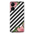 Kılıfland Xiaomi Redmi 13c ile Uyumlu Kılıf, Desenli Silikon, Strip Flowers, Siyah Beyaz Çizgili, Pembe Çiçek