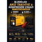 Kılıforyum 16000MAH 1600A Akü Takviye ve Hava Kompresörü 4'ü 1 Arada Taşınabilir Marş Basma Cihazı 12V 150 Psı LCD Ekranlı LED Fenerli - 16000mAh PRO