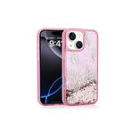 Kılıftech İphone 15 Uyumlu Kılıf Sıvılı Simli Kelebek Baskılı Şeffaf Arka Yüzey Zore Glis Silikon Kapak-Pembe
