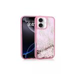 Kılıftech İphone 16 Uyumlu Kılıf Sıvılı Simli Kelebek Baskılı Şeffaf Arka Yüzey Zore Glis Silikon Kapak-Pembe