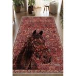 Kilim Desenli At Figurlu Yıkanabilir Kaymaz Taban Bordo Halı 200 X 400 Cm Bordo