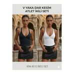 KİM Kİ O "2'li Set Kadın Kaşkorse V Yaka Atlet - Siyah & Beyaz Basic Tank Top - Kim Ki O"