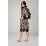 Kimono Leopar Desen Etek Kol Dantel Saten Bayan Sabahlık Siyah S